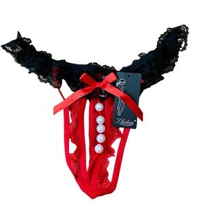 SEXY Red & Black Lace Thong with Pearl Beads!